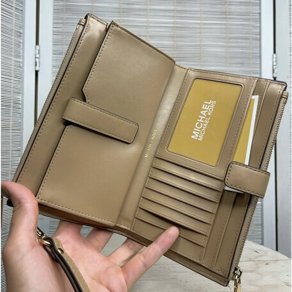 Michael Kors Jet Set Tan Leather Double Zip Braided Edge Wallet Wristlet